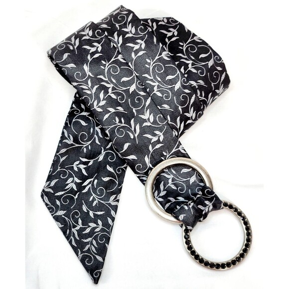 Vtg Y2K Express Womens Belt Sz Sm 34" 100% Silk Black Silver Rhinestone Buckle - Picture 1 of 9